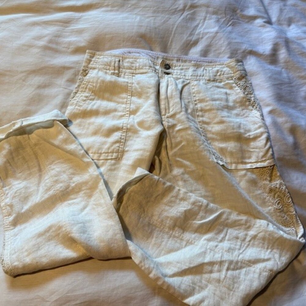 Hei Hei White Linen Casual Pants w/Lace Detail Sz 28